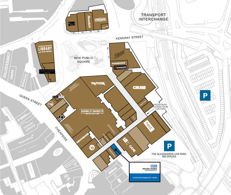 A map of Barnsley Town cantre and the location of the Community Diagnostic Centre within The Glass Works centre