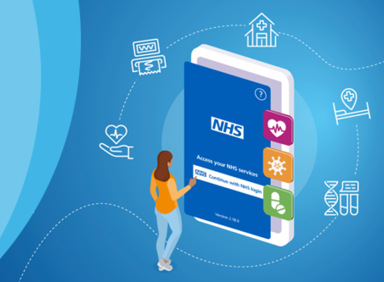 A graphic showing a person using the NHS app