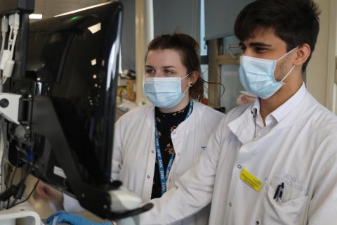 Two pathologists, a woman and a man, look at a display screen 