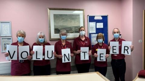 A row of volunteers hold up letters to spell out the word "Volunteer"