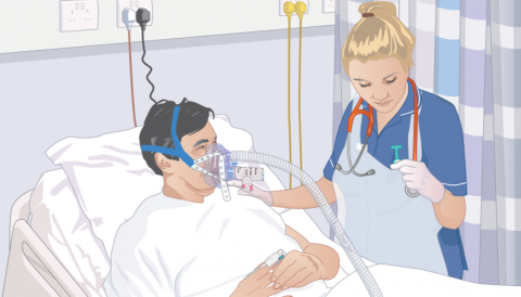 Illustration of a nurse caring for a patient in a hospital bed