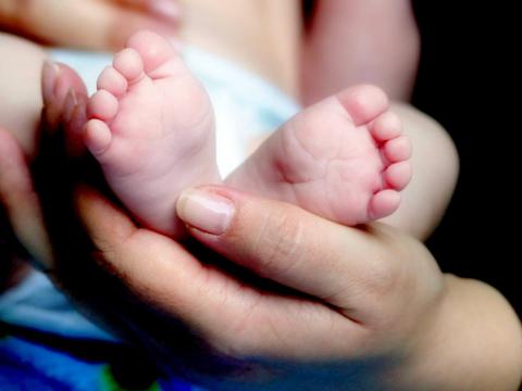 A baby's feet held in an adult's hands