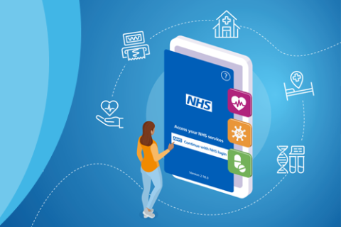 A graphic showing a person using the NHS app