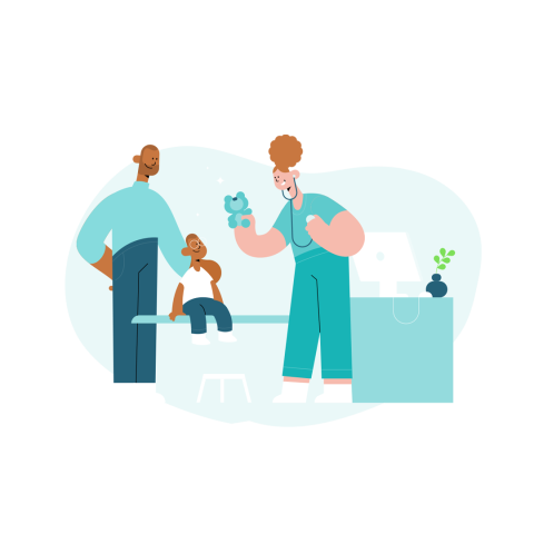 Illustration of a clinician talking to a child and their parent