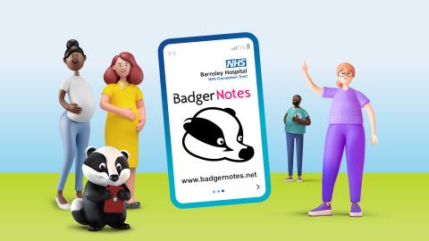 Illustrated characters stand by an oversized smartphone showing the BadgerNotes app